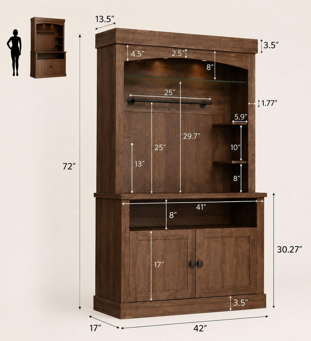 Farmhouse Coffee Bar Cabinet with LED Lights, Antique White Oak Storage Hutch