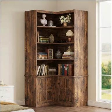 Rustic Tall Corner Bookshelf With Storage Cabinet, L-Shaped Bookcase