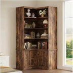 Rustic Tall Corner Bookshelf With Storage Cabinet, L-Shaped Bookcase