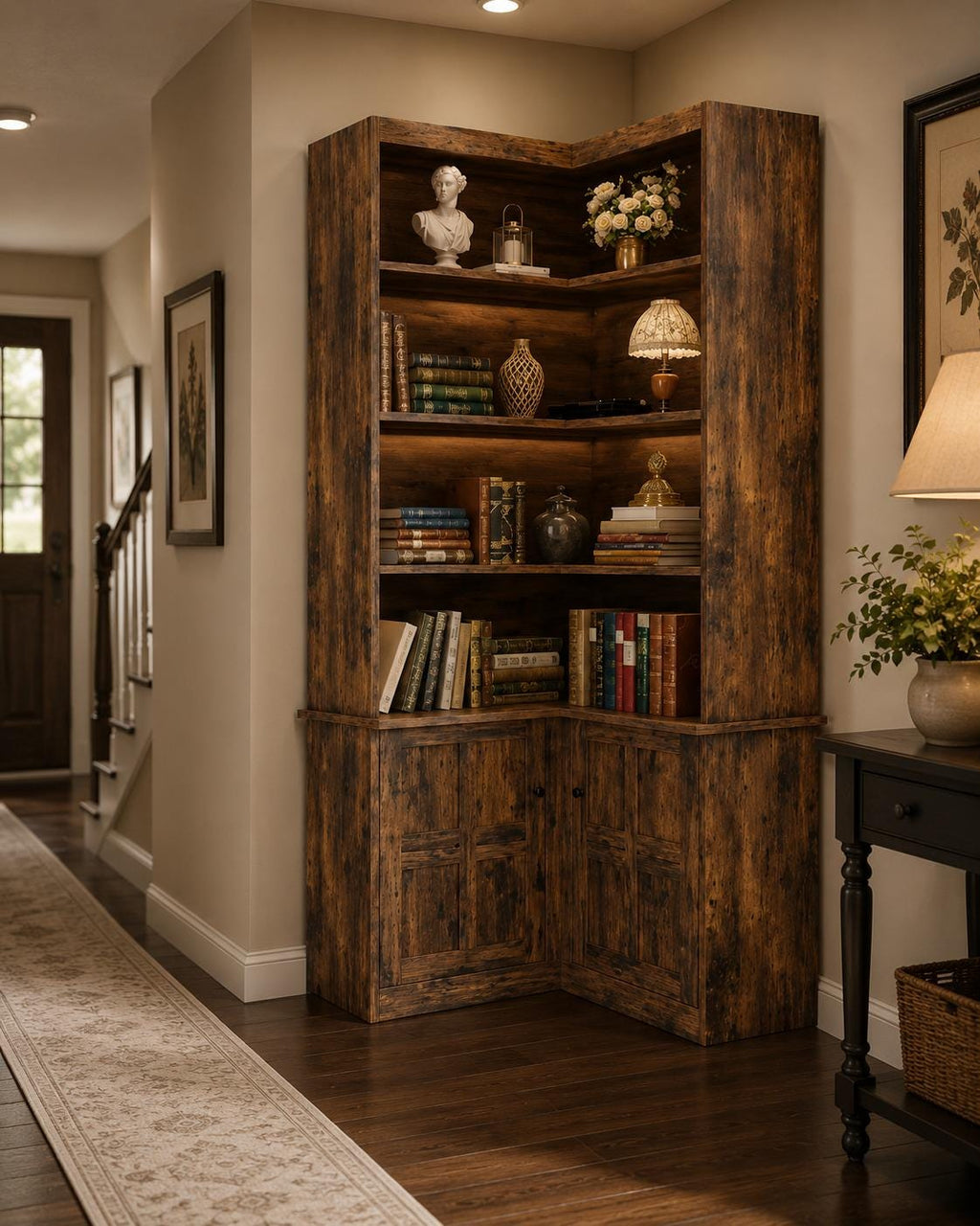 Rustic Tall Corner Bookshelf With Storage Cabinet, L-Shaped Bookcase