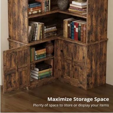 Rustic Tall Corner Bookshelf With Storage Cabinet, L-Shaped Bookcase