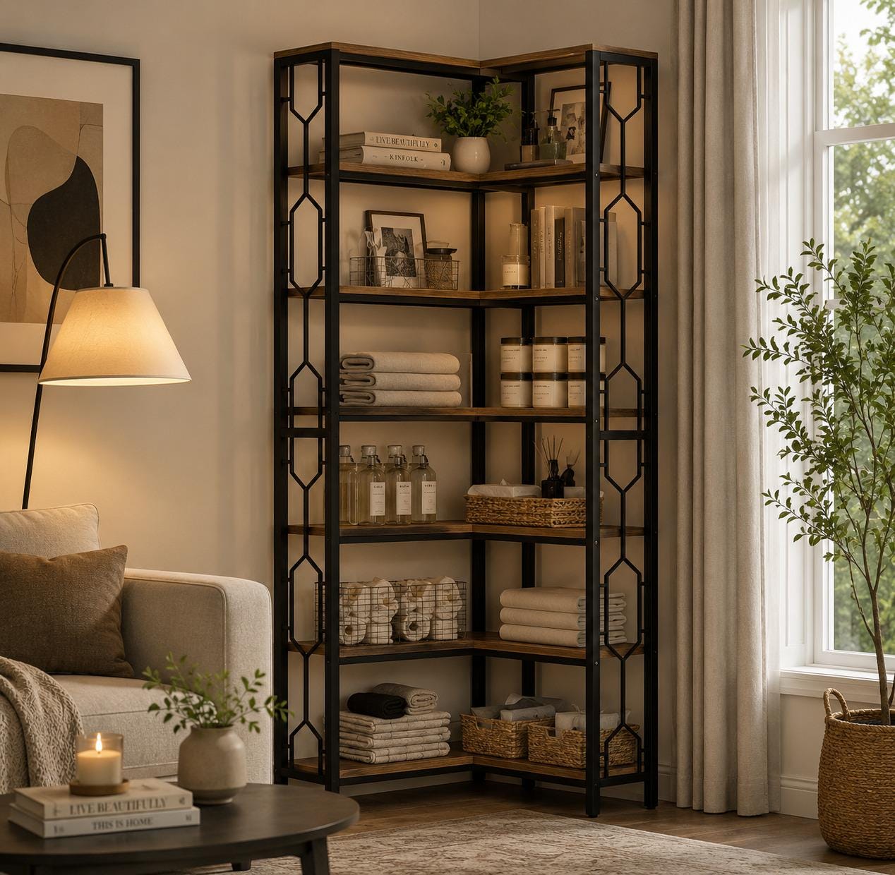 Tribesigns Corner Shelf, 7-Tier Industrial Corner Bookshelf, Wood and Metal Corner Etagere Bookcase