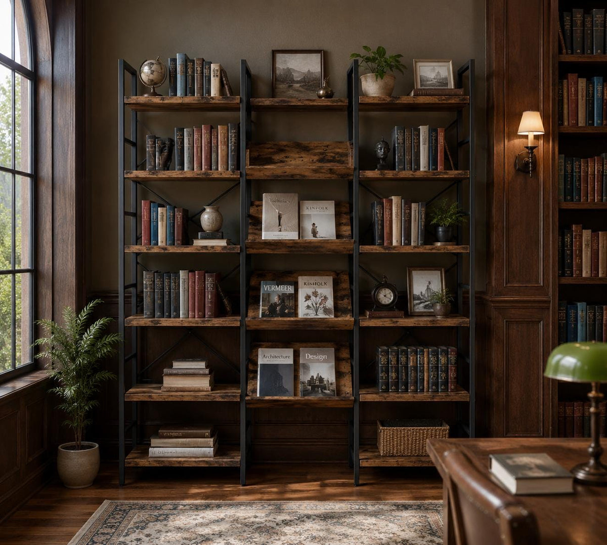 Industrial Bookshelves 6 Tiers Triple Wide Bookshelf, Large Etagere Bookshelf Open Record Player Shelves With Metal Frame
