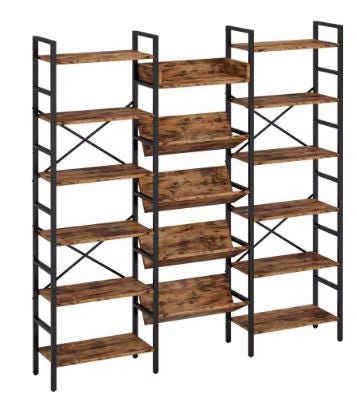 Industrial Bookshelves 6 Tiers Triple Wide Bookshelf, Large Etagere Bookshelf Open Record Player Shelves With Metal Frame