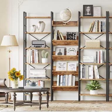 Industrial Bookshelves 6 Tiers Triple Wide Bookshelf, Large Etagere Bookshelf Open Record Player Shelves With Metal Frame