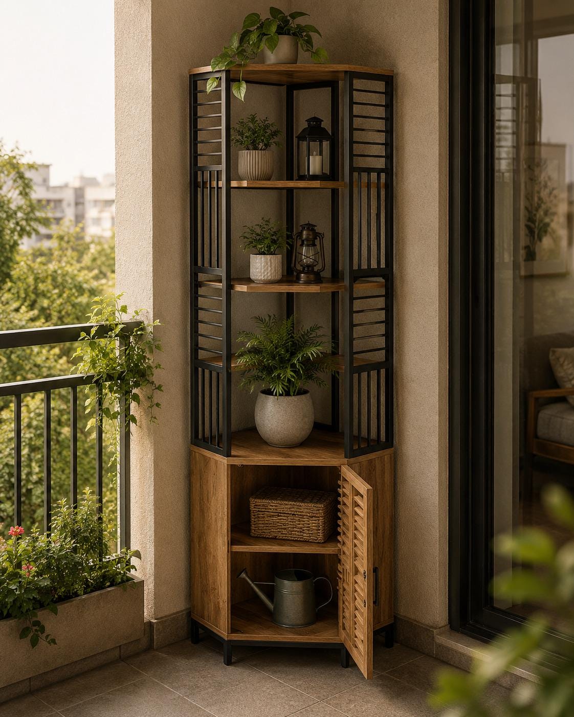 Industrial Corner Bookshelf with Cabinet, 7-Tier Tall Storage Tower