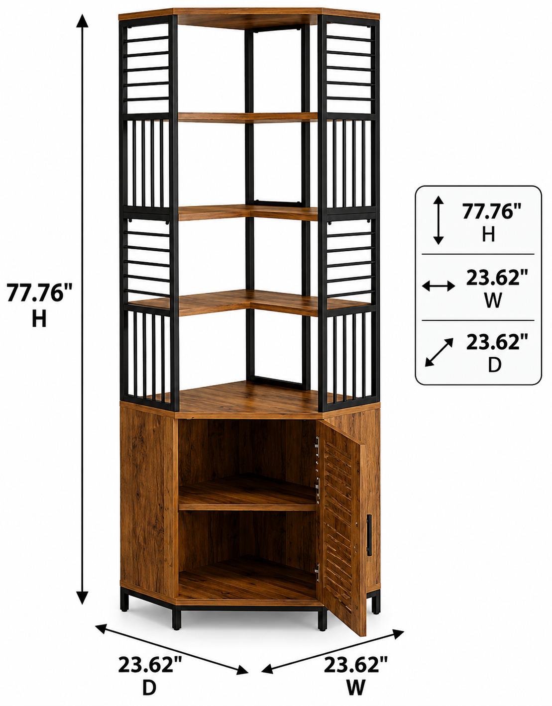 Industrial Corner Bookshelf with Cabinet, 7-Tier Tall Storage Tower