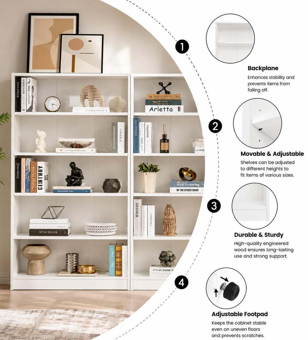 White 5-Shelf Modern Wood Bookshelf, 60 Inches Tall Living Room Bookcase