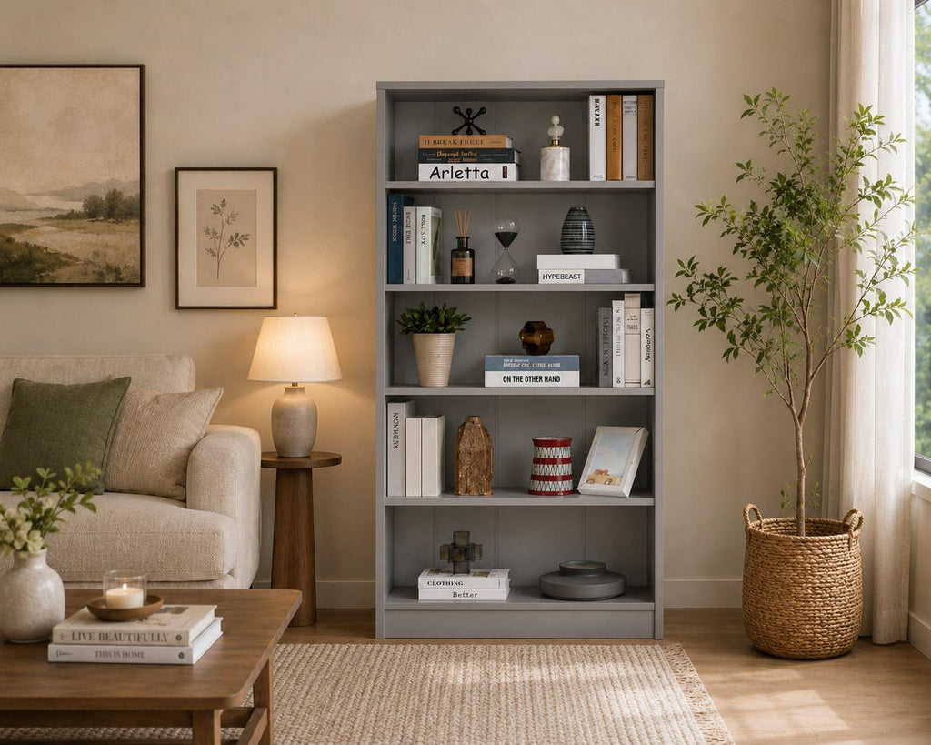 White 5-Shelf Modern Wood Bookshelf, 60 Inches Tall Living Room Bookcase