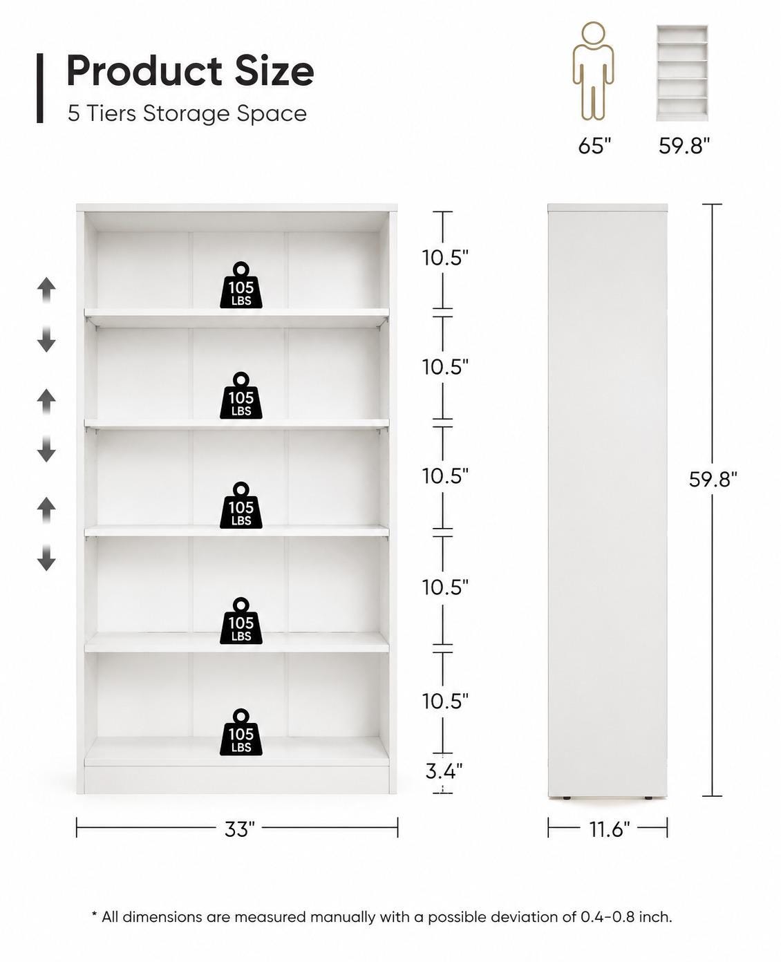 White 5-Shelf Modern Wood Bookshelf, 60 Inches Tall Living Room Bookcase