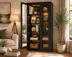 Black Metal Display Cabinet with Glass Doors, 4 Adjustable Shelves, Lock