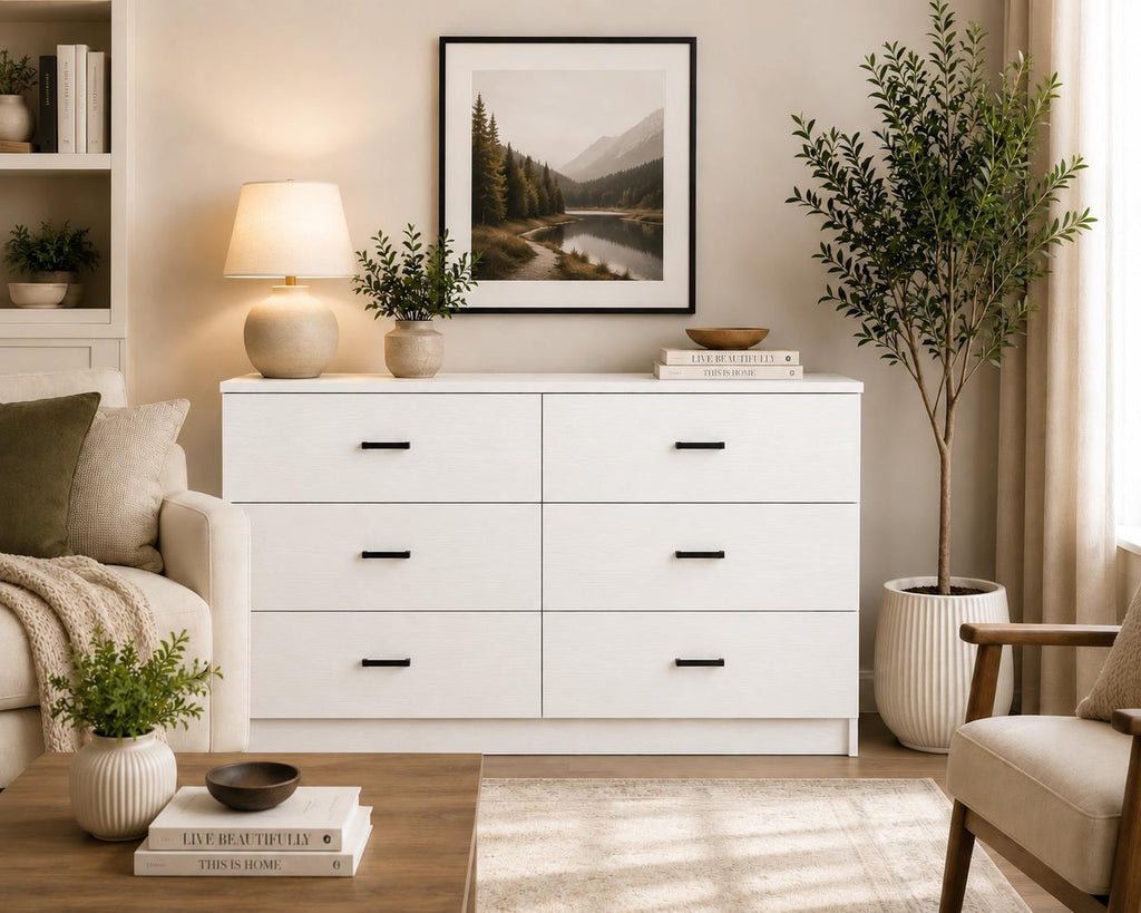 Modern 6 Drawer Dresser, Wood Grain Storage Chest, Bedroom Furniture Organizer