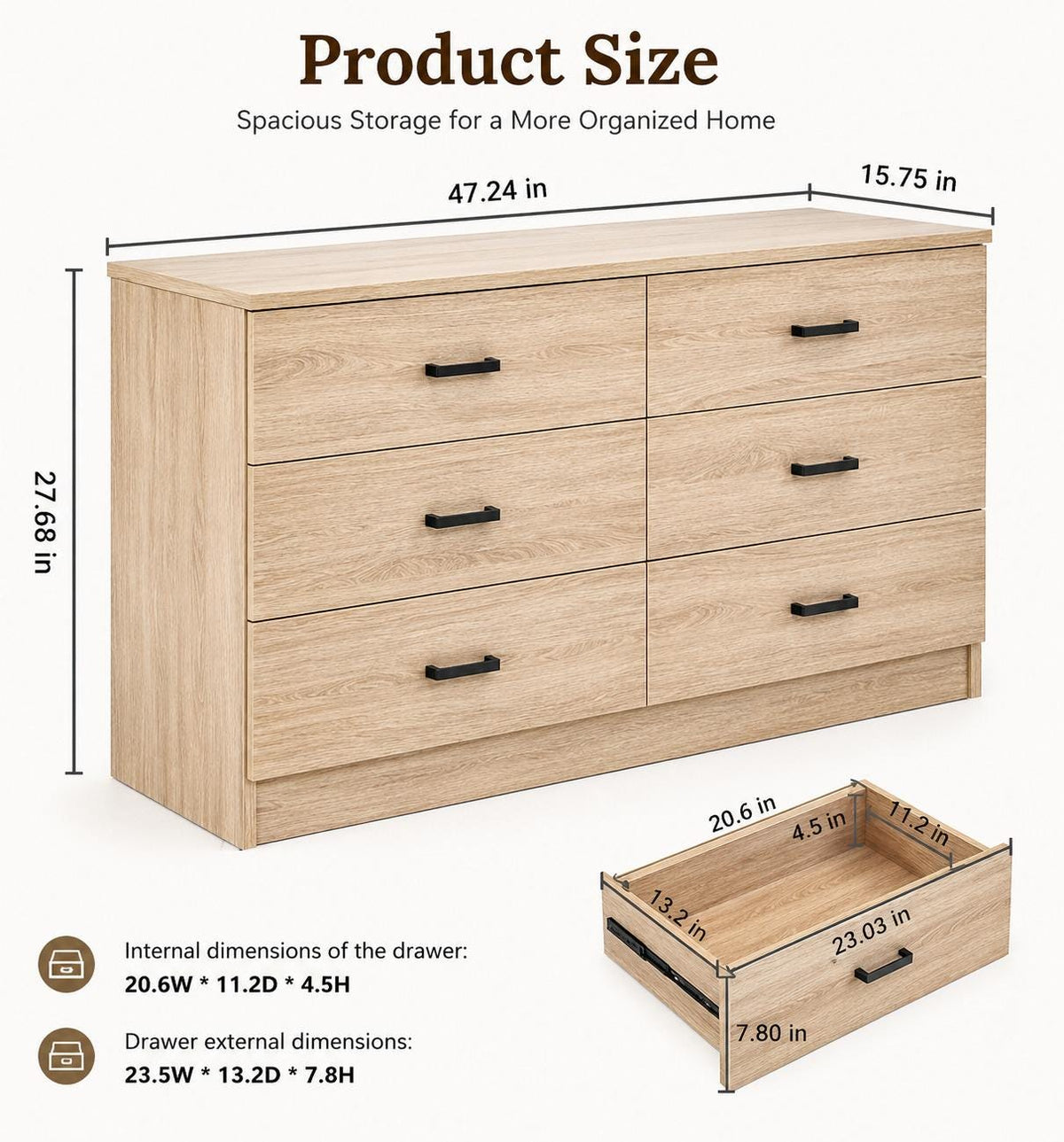 Modern 6 Drawer Dresser, Wood Grain Storage Chest, Bedroom Furniture Organizer