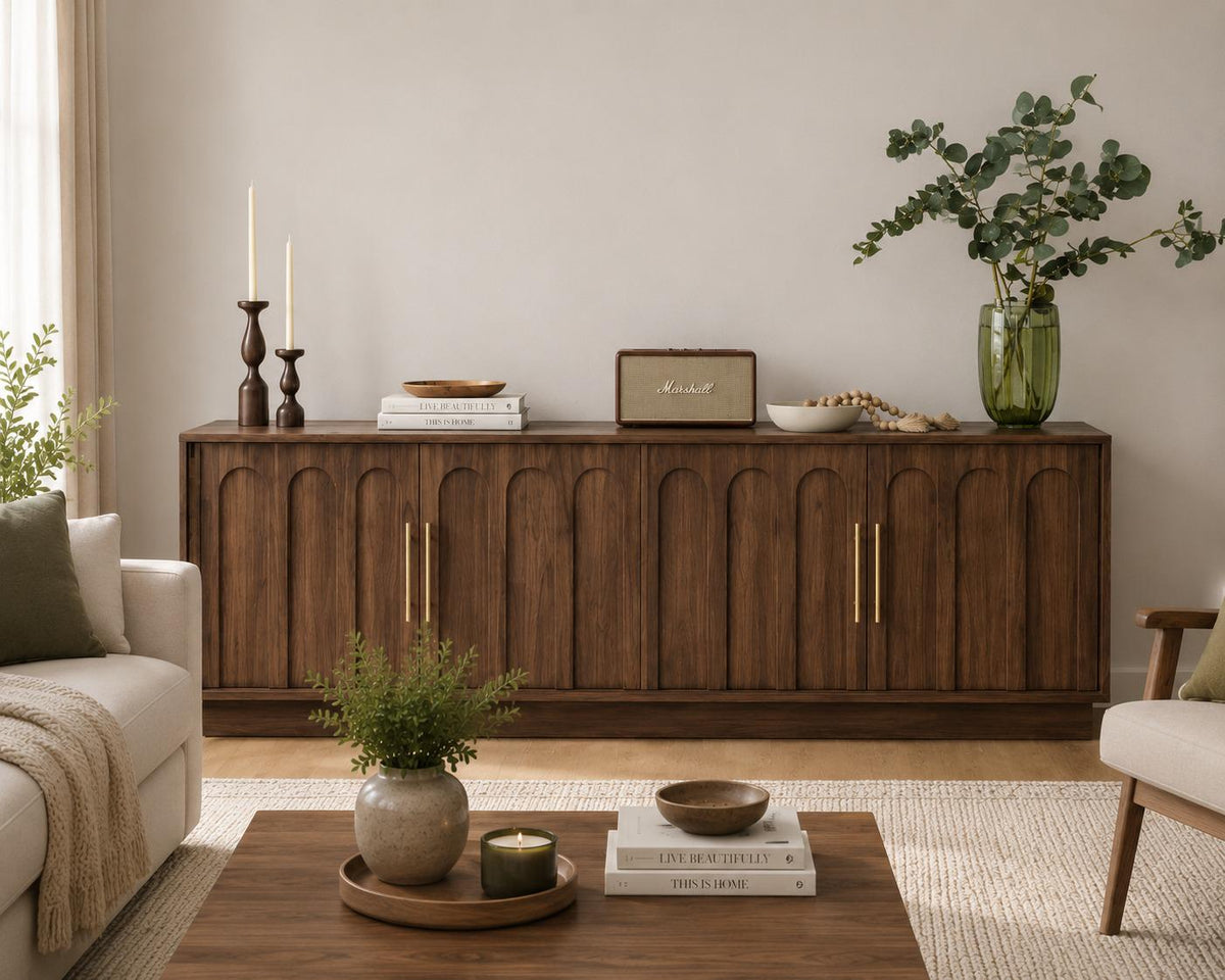Mid Century Modern TV Stand, Arched Walnut Wood Grain Media Console