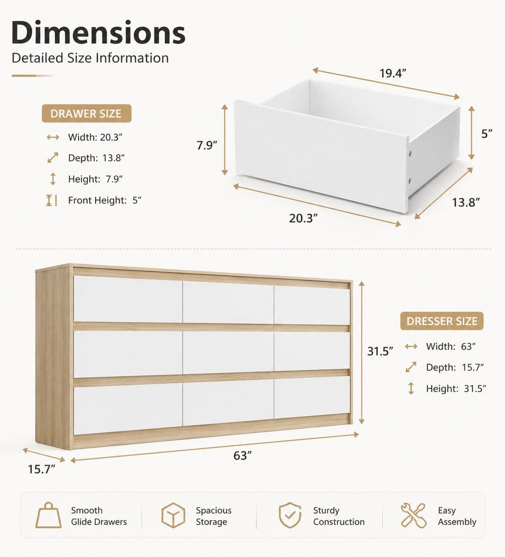 63 Wide Wooden Chest Storage Organizer, No Handle, Oak & White, Bedroom/Living Room/Hallway