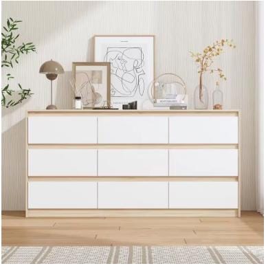 63 Wide Wooden Chest Storage Organizer, No Handle, Oak & White, Bedroom/Living Room/Hallway