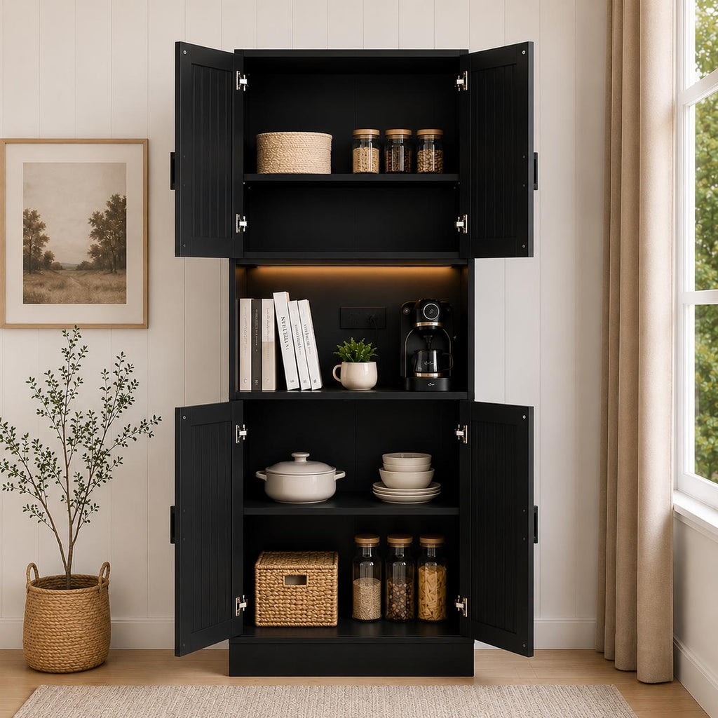 Farmhouse Pantry Cabinet with Charging Station, 71" Storage Hutch, Adjustable Shelves