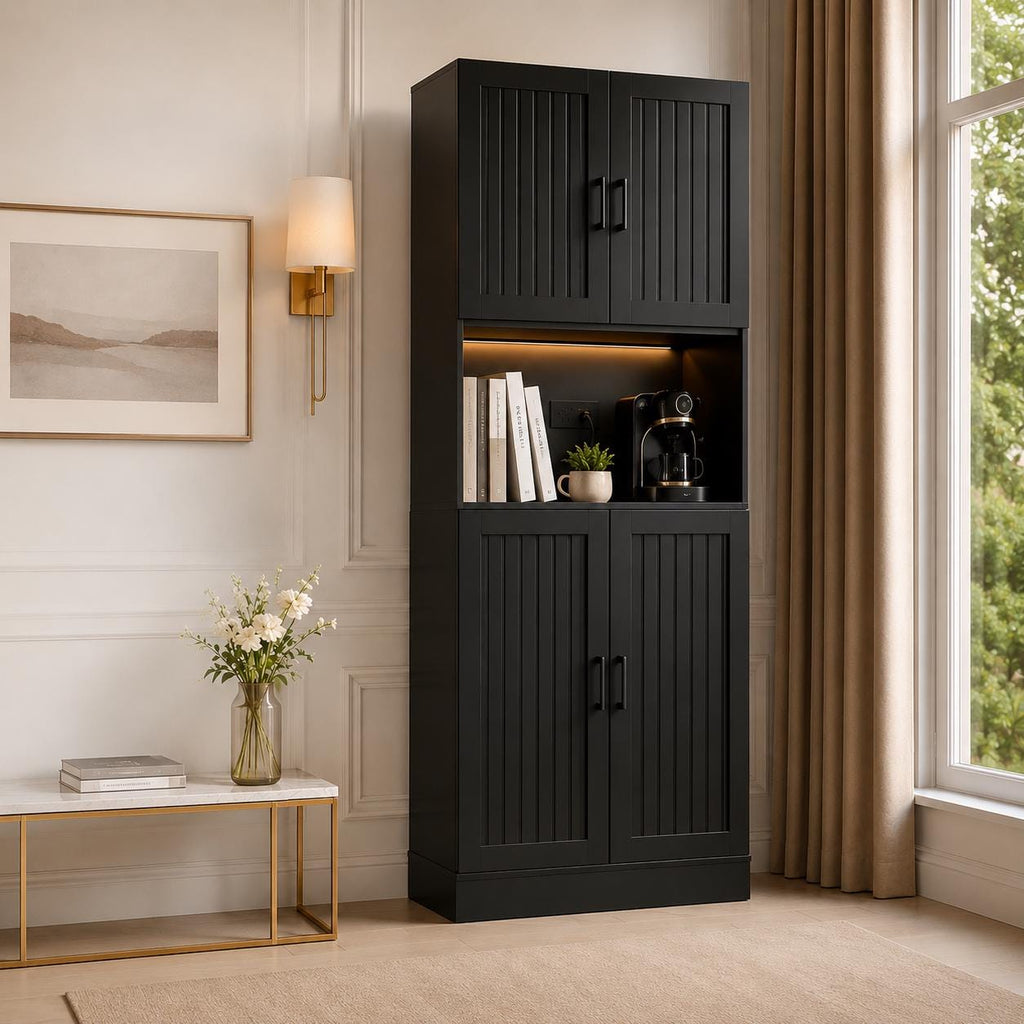 Farmhouse Pantry Cabinet with Charging Station, 71" Storage Hutch, Adjustable Shelves
