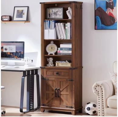 Farmhouse Bookshelf, 7 Tier Bookcase with Drawer, Barn Doors, Adjustable Shelves