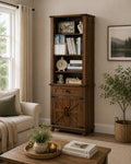 Farmhouse Bookshelf, 7 Tier Bookcase with Drawer, Barn Doors, Adjustable Shelves