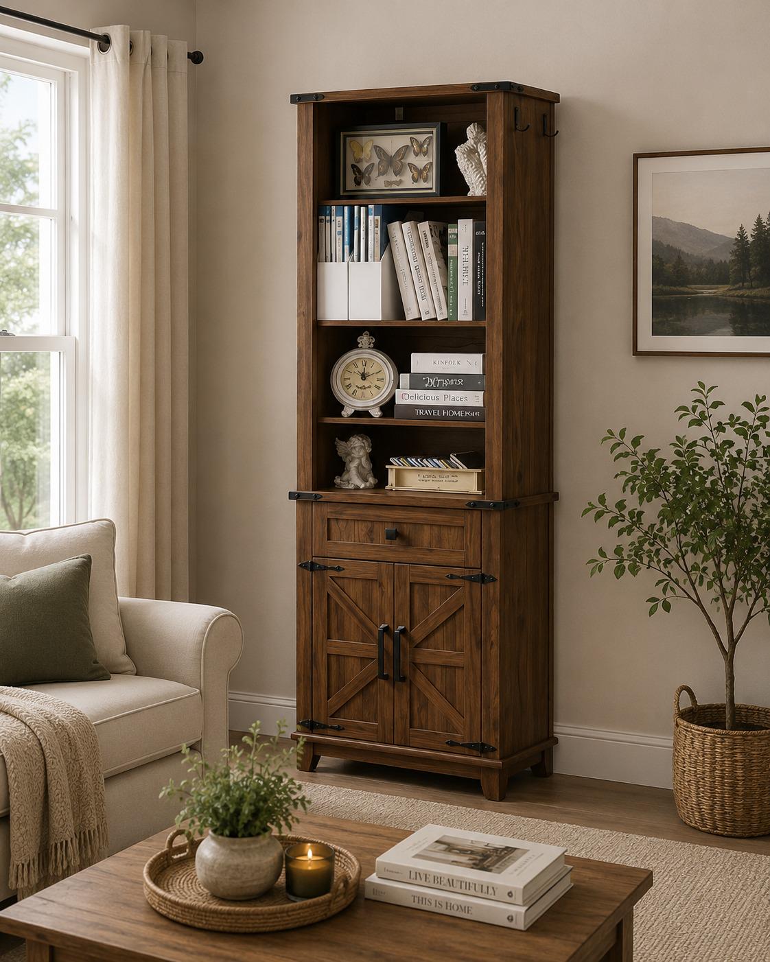 Farmhouse Bookshelf, 7 Tier Bookcase with Drawer, Barn Doors, Adjustable Shelves