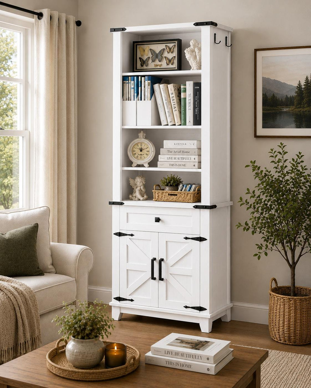 Farmhouse Bookshelf, 7 Tier Bookcase with Drawer, Barn Doors, Adjustable Shelves