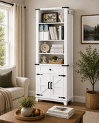 Farmhouse Bookshelf, 7 Tier Bookcase with Drawer, Barn Doors, Adjustable Shelves