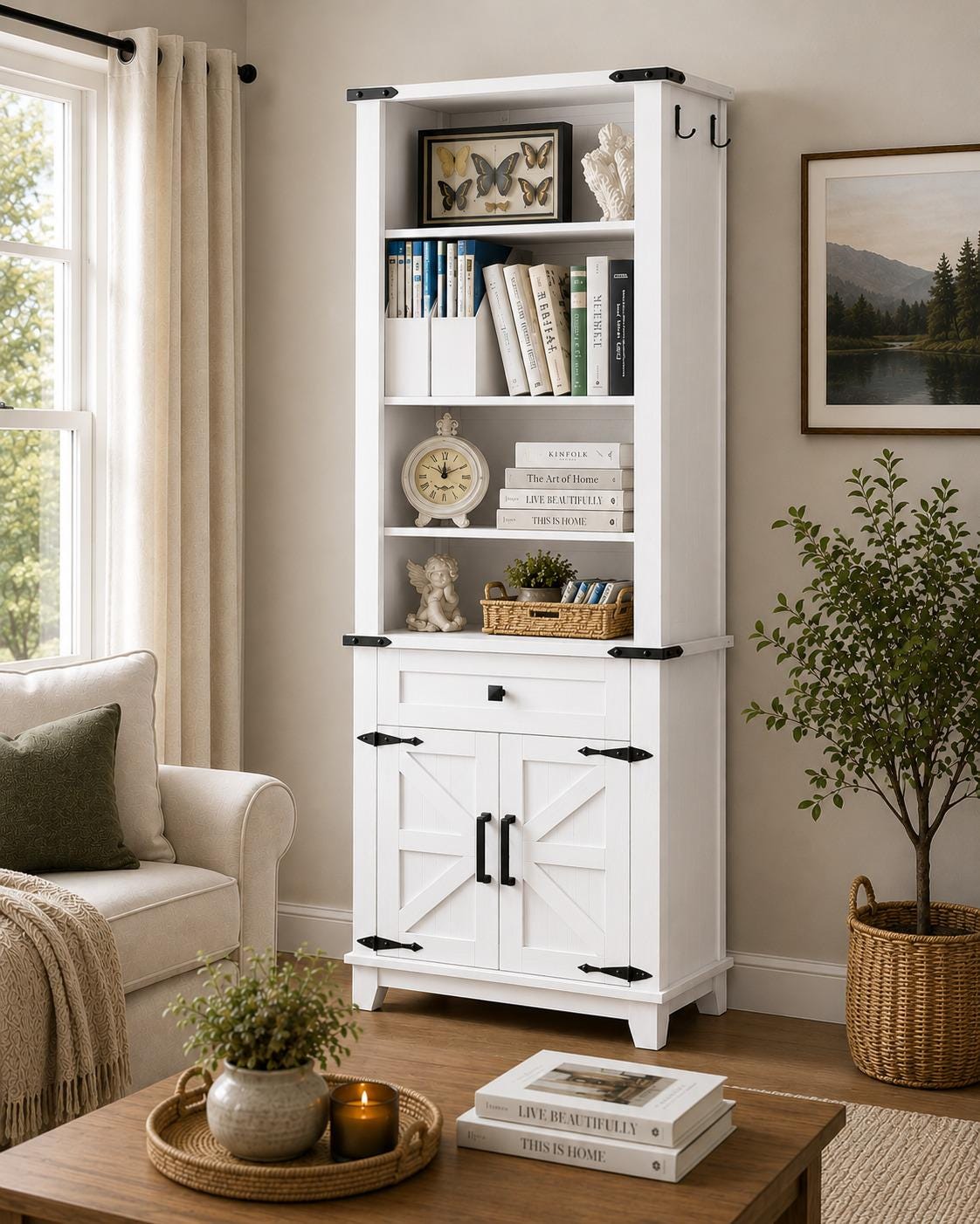 Farmhouse Bookshelf, 7 Tier Bookcase with Drawer, Barn Doors, Adjustable Shelves
