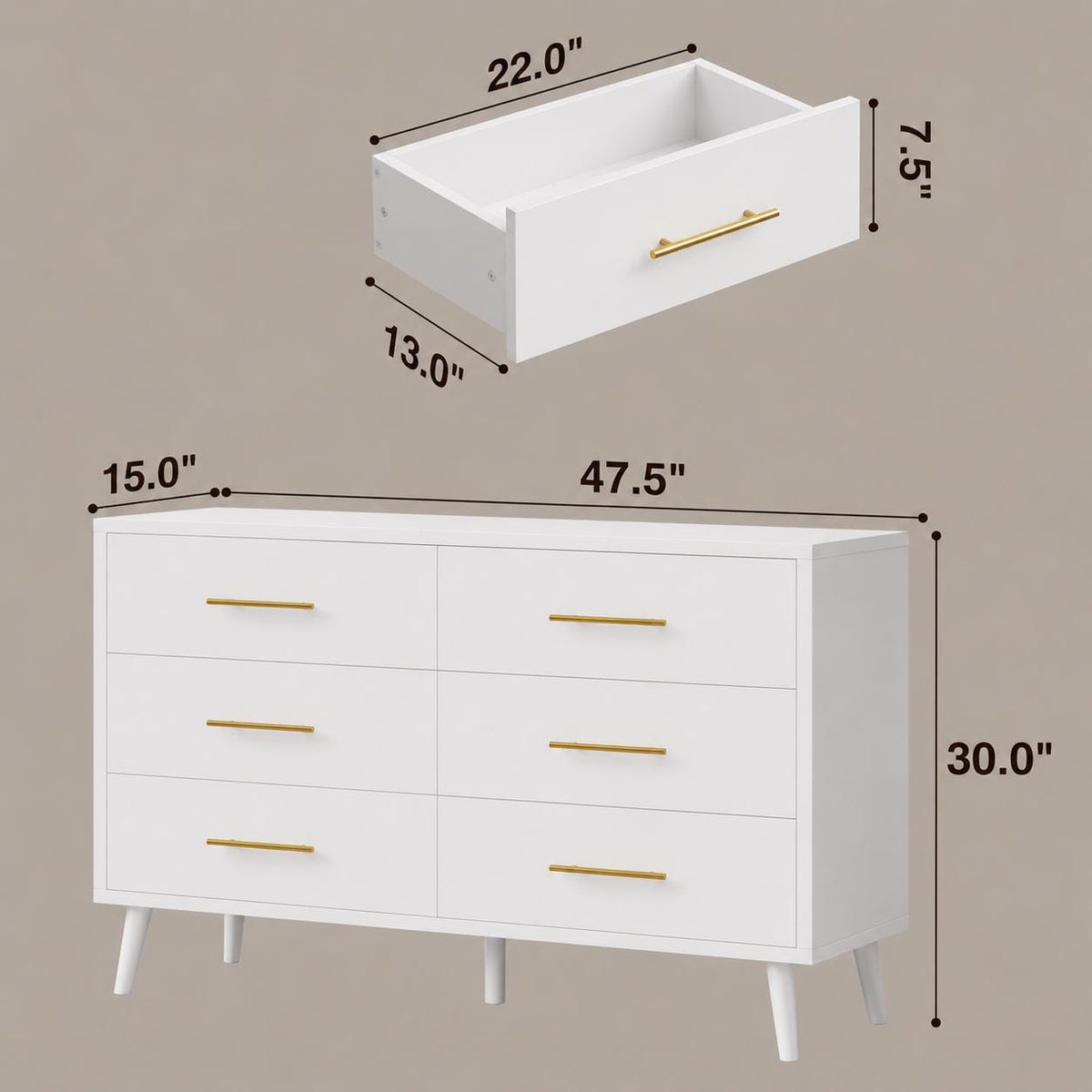 6 Drawer White Dresser, Modern Wood Chest with Metal Handles, Bedroom Storage Cabinet