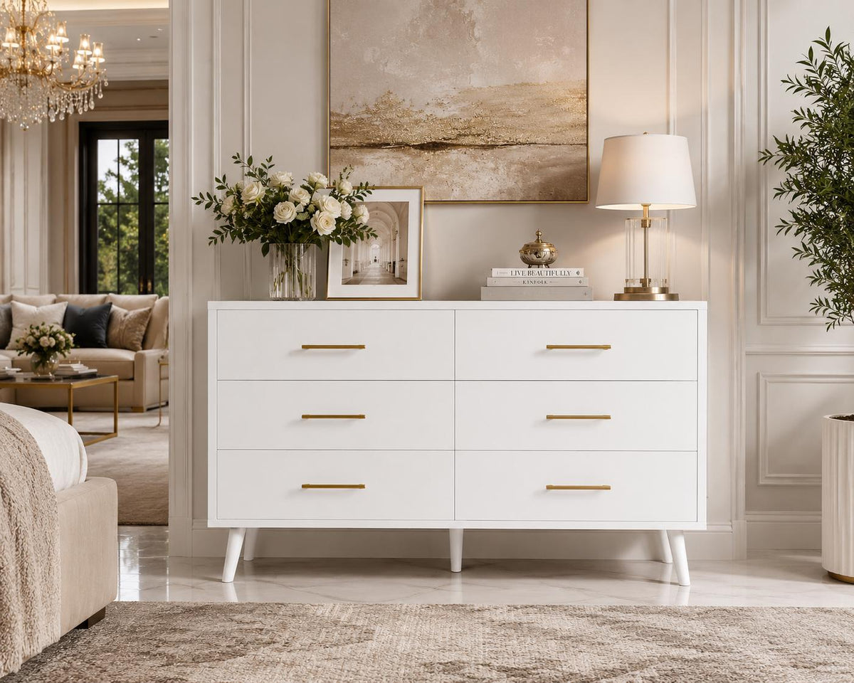 6 Drawer White Dresser, Modern Wood Chest with Metal Handles, Bedroom Storage Cabinet