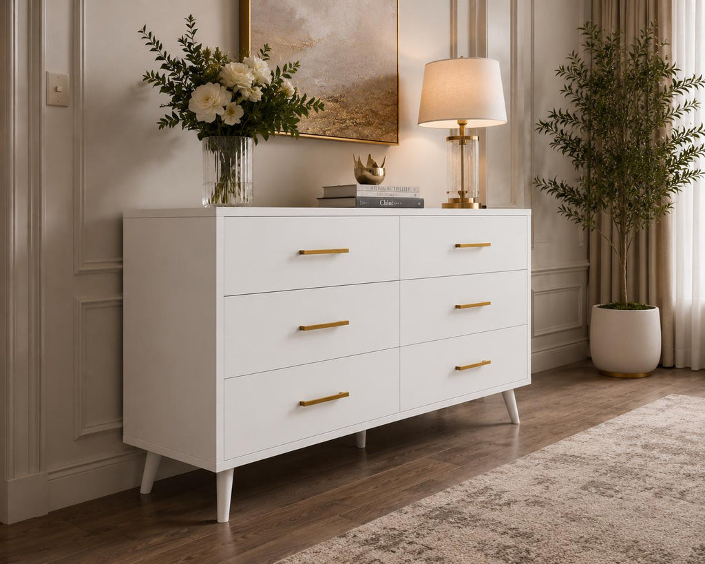6 Drawer White Dresser, Modern Wood Chest with Metal Handles, Bedroom Storage Cabinet