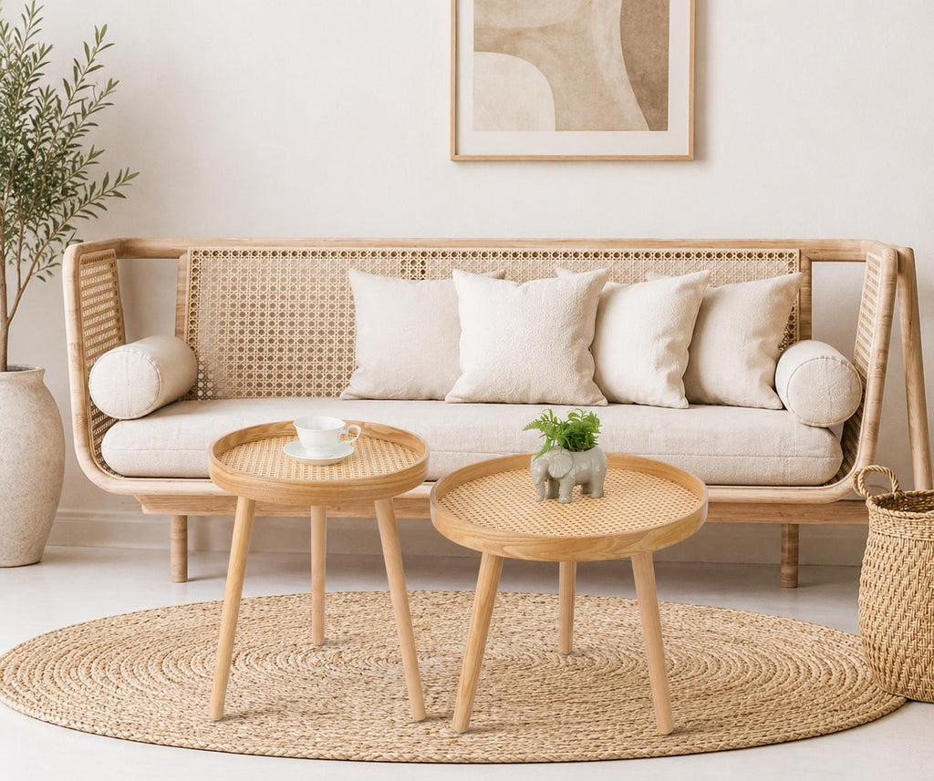 Nesting Rattan Coffee Table Set, Mid Century Cane Wicker Accent Tables