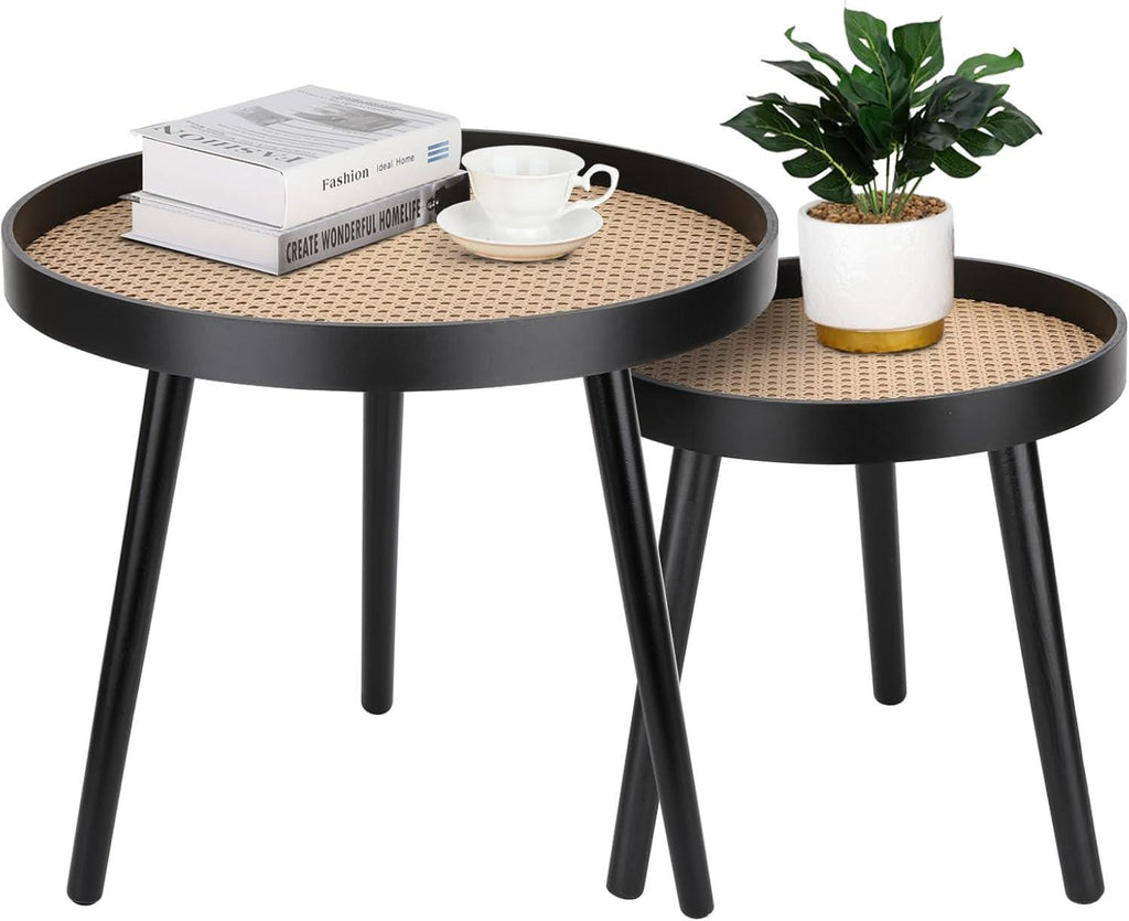 Nesting Rattan Coffee Table Set, Mid Century Cane Wicker Accent Tables