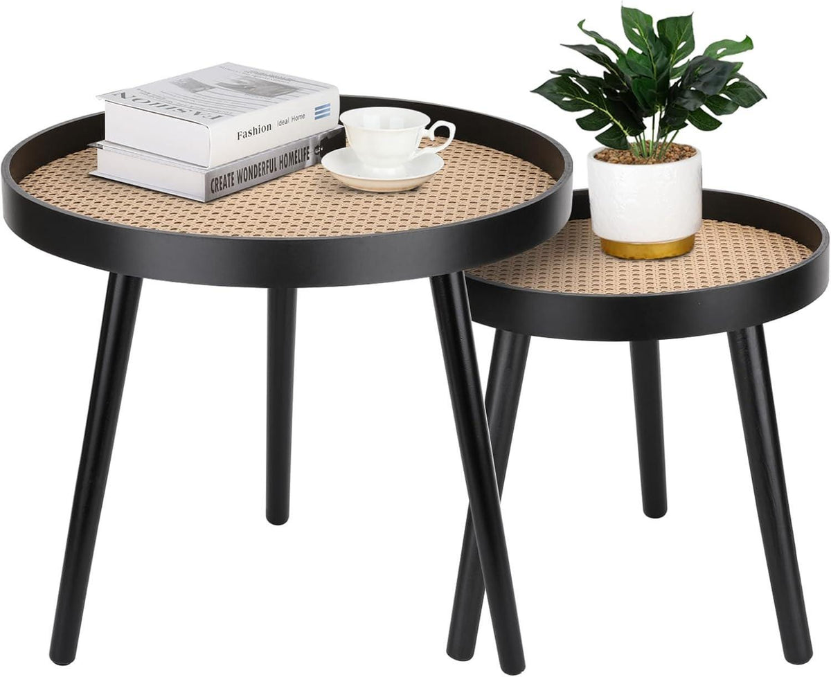 Nesting Rattan Coffee Table Set, Mid Century Cane Wicker Accent Tables