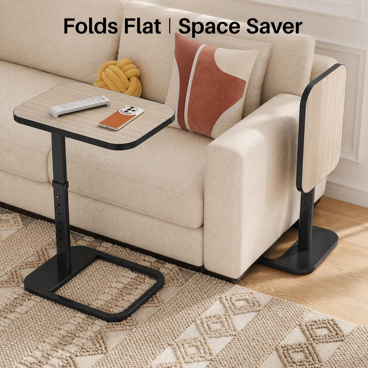 Adjustable Sofa Arm Table with Height Settings – Space-Saving TV Tray Table for Couch, Bed & Laptop Use