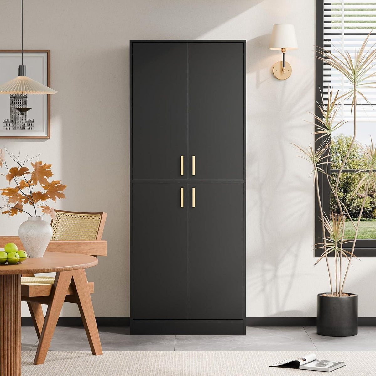 Tall Black Storage Cabinet, Modern Minimalist Freestanding Cupboard, Adjustable Shelves