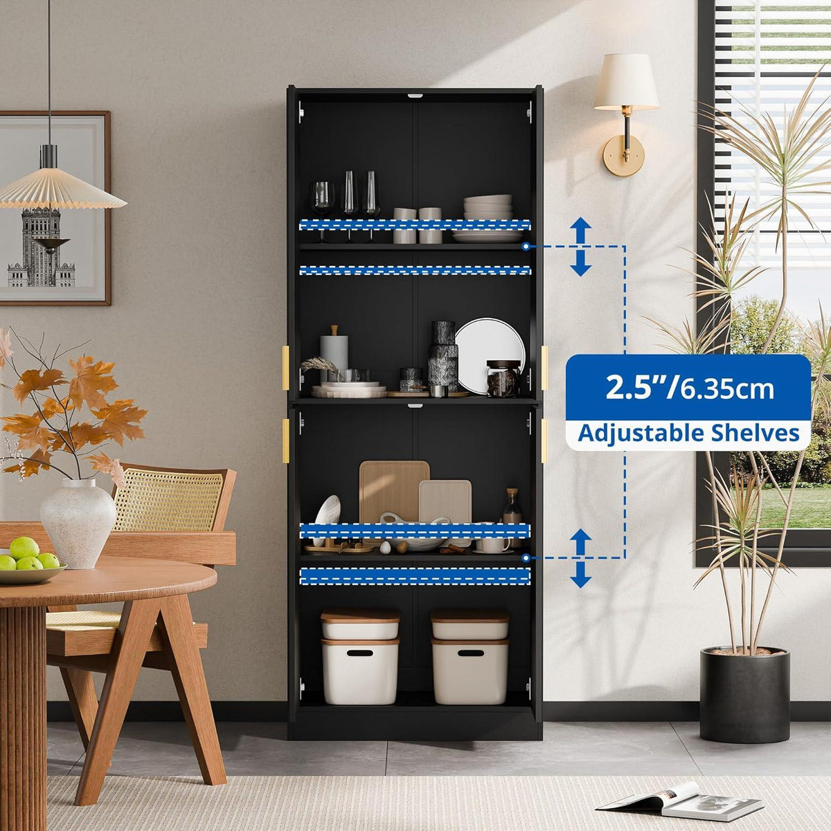 Tall Black Storage Cabinet, Modern Minimalist Freestanding Cupboard, Adjustable Shelves