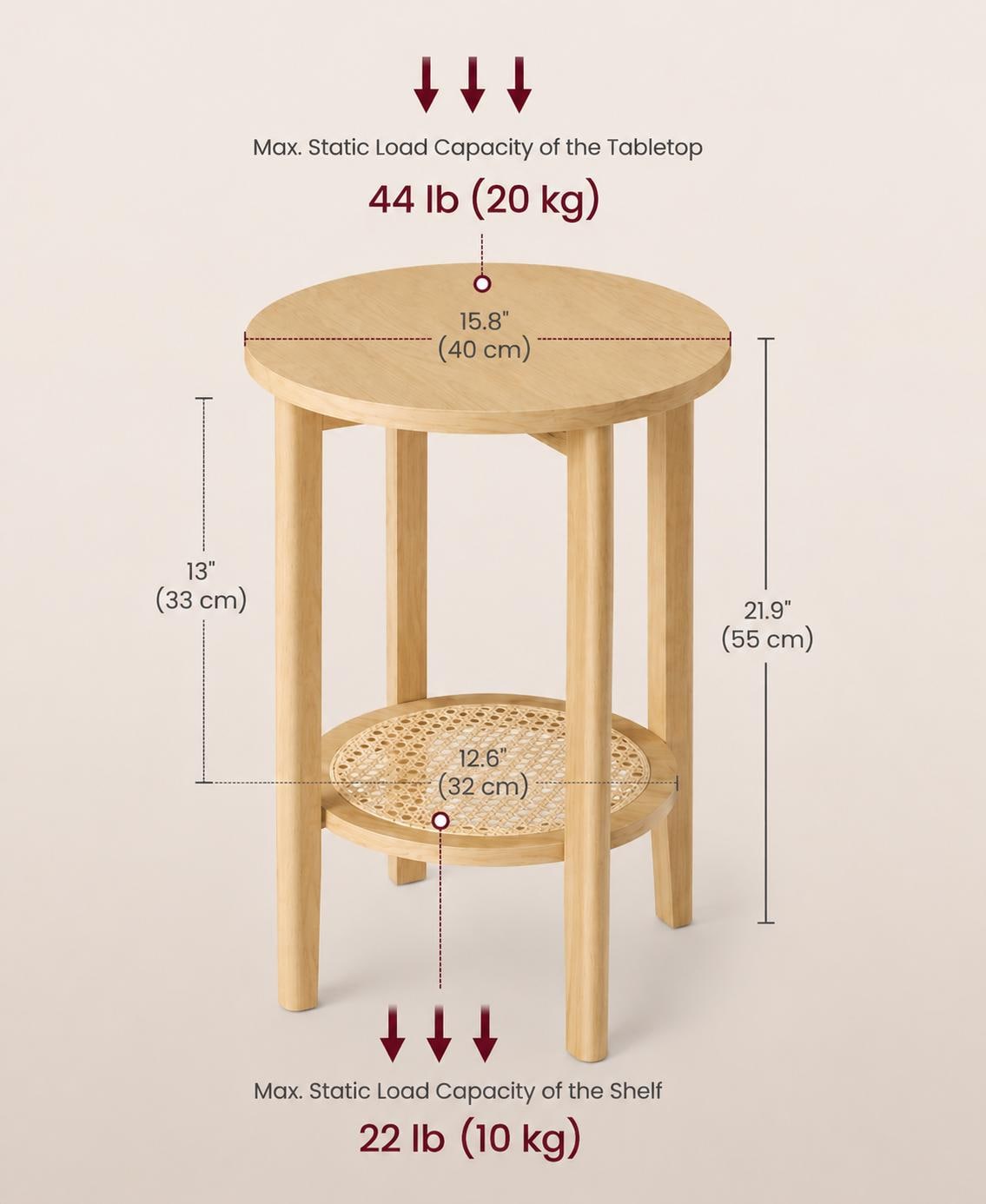 Boho Round End Table with Rattan Shelf, Small Accent Side Table
