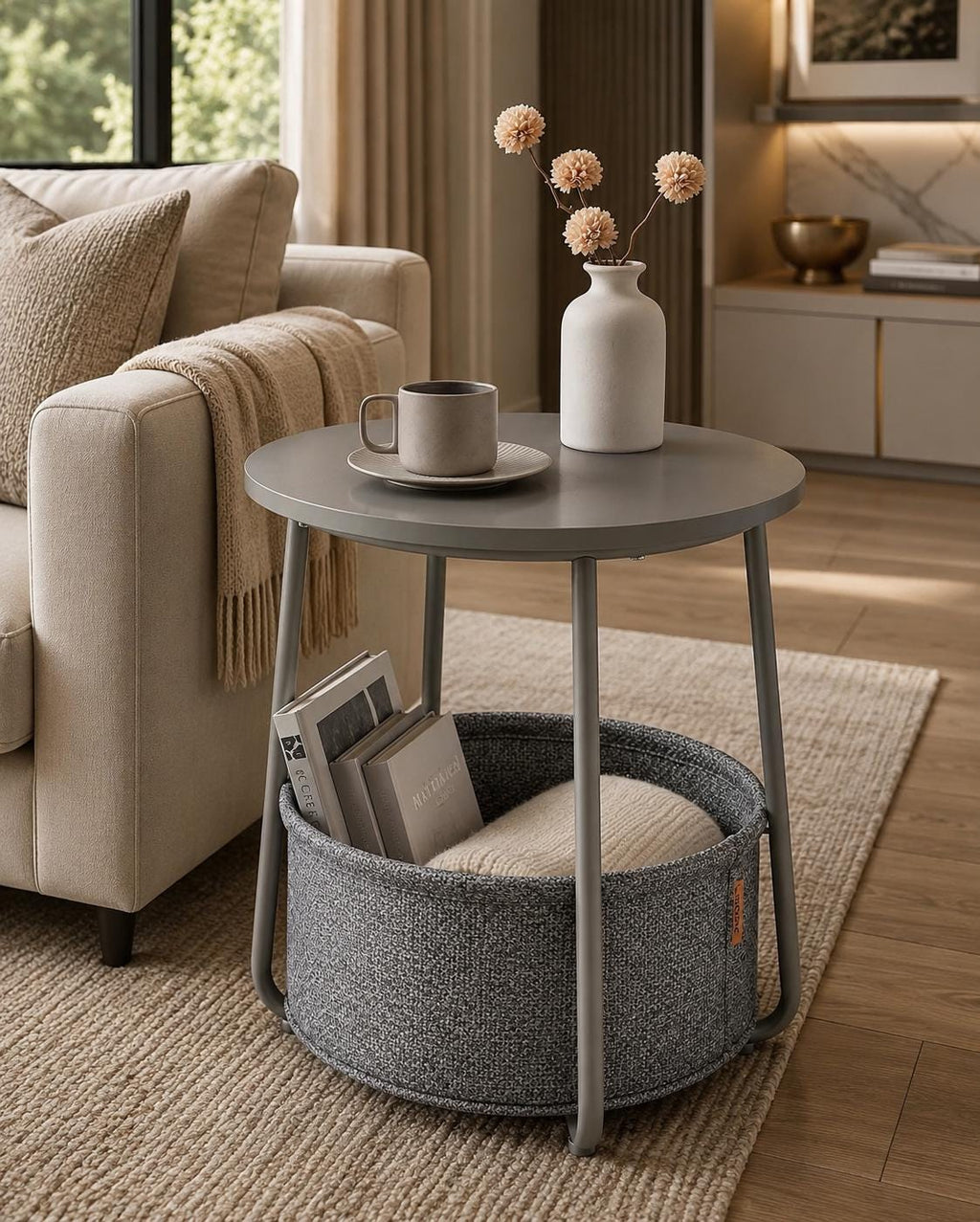 Boho Round End Table with Rattan Shelf, Small Accent Side Table