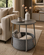 Boho Round End Table with Rattan Shelf, Small Accent Side Table