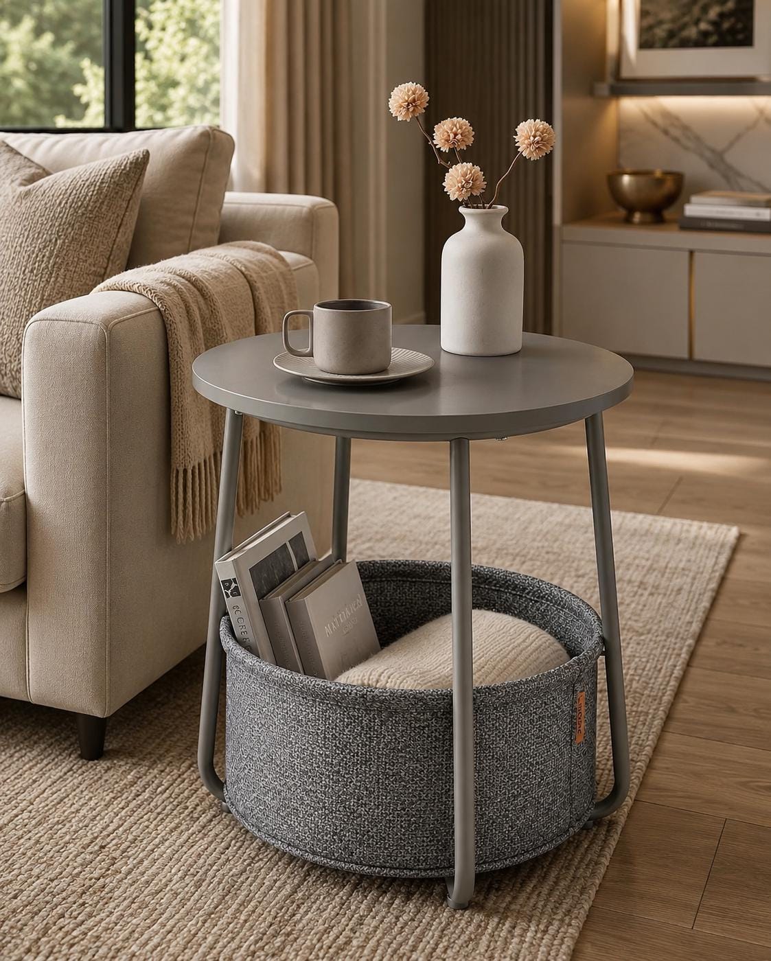 Boho Round End Table with Rattan Shelf, Small Accent Side Table