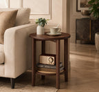 Boho Round End Table with Rattan Shelf, Small Accent Side Table