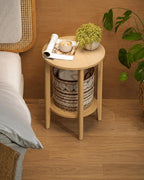 Boho Round End Table with Rattan Shelf, Small Accent Side Table