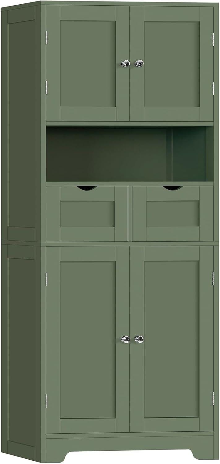 Rattan Storage Cabinet, Boho Modern Wood Pantry Unit, 2 Drawers, Adjustable Shelves