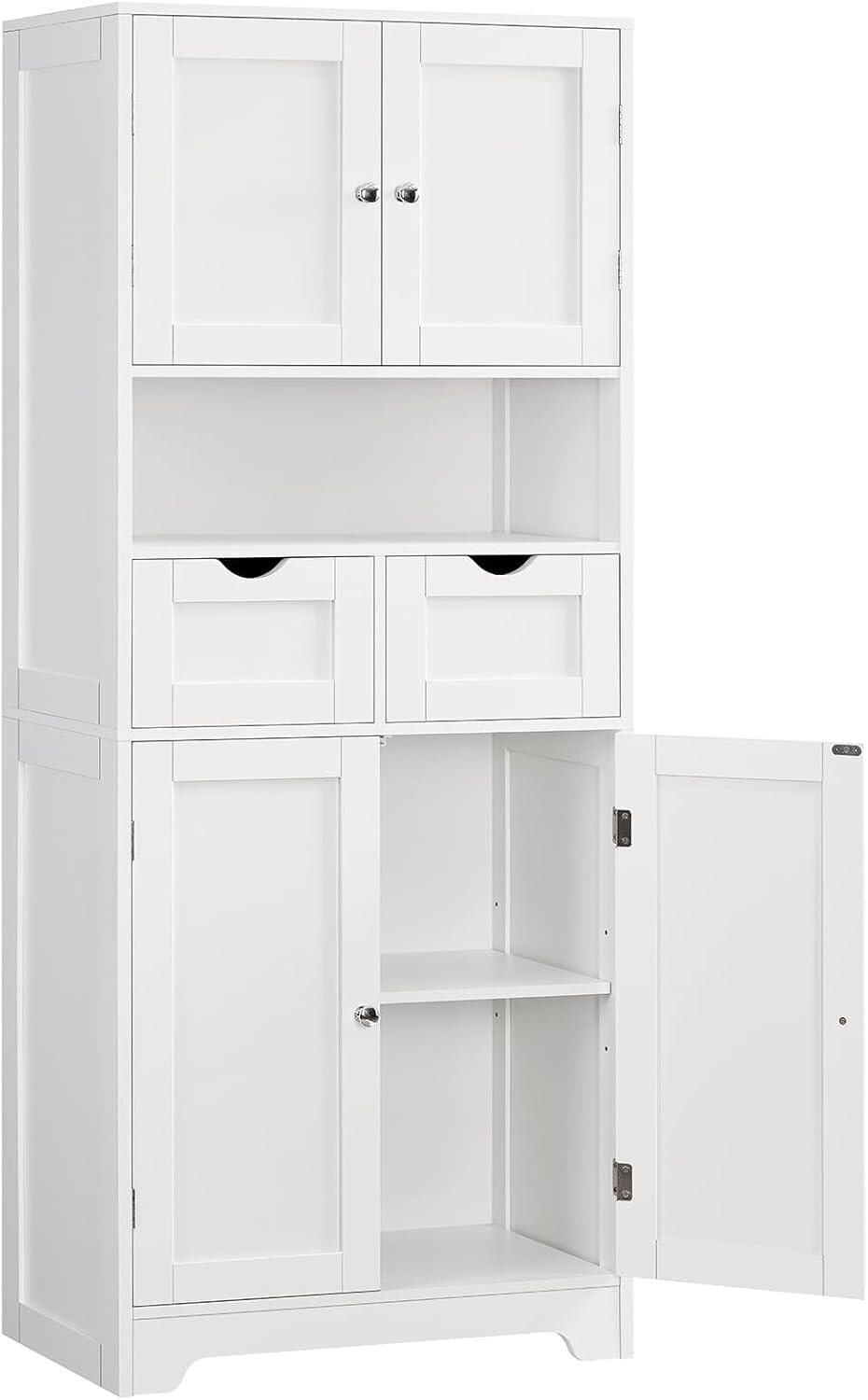 Rattan Storage Cabinet, Boho Modern Wood Pantry Unit, 2 Drawers, Adjustable Shelves