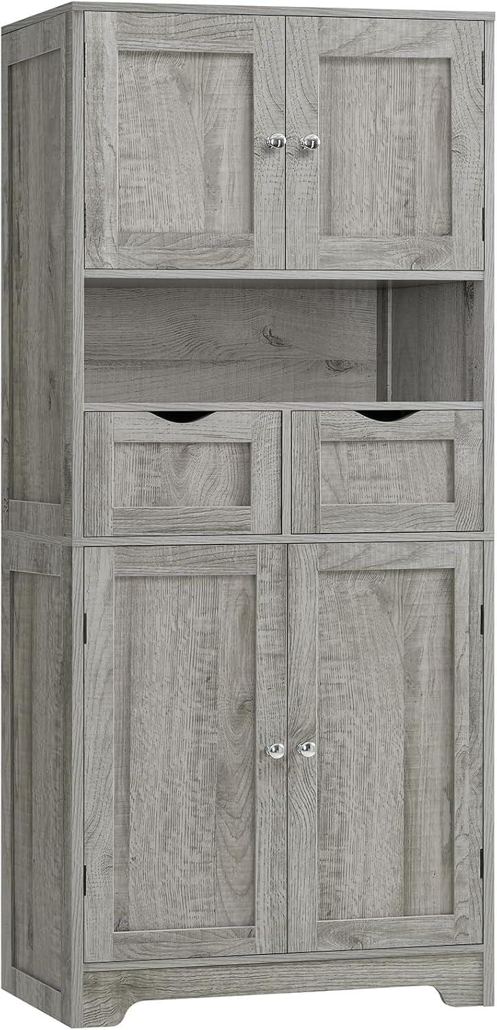 Rattan Storage Cabinet, Boho Modern Wood Pantry Unit, 2 Drawers, Adjustable Shelves