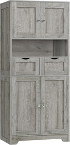Rattan Storage Cabinet, Boho Modern Wood Pantry Unit, 2 Drawers, Adjustable Shelves