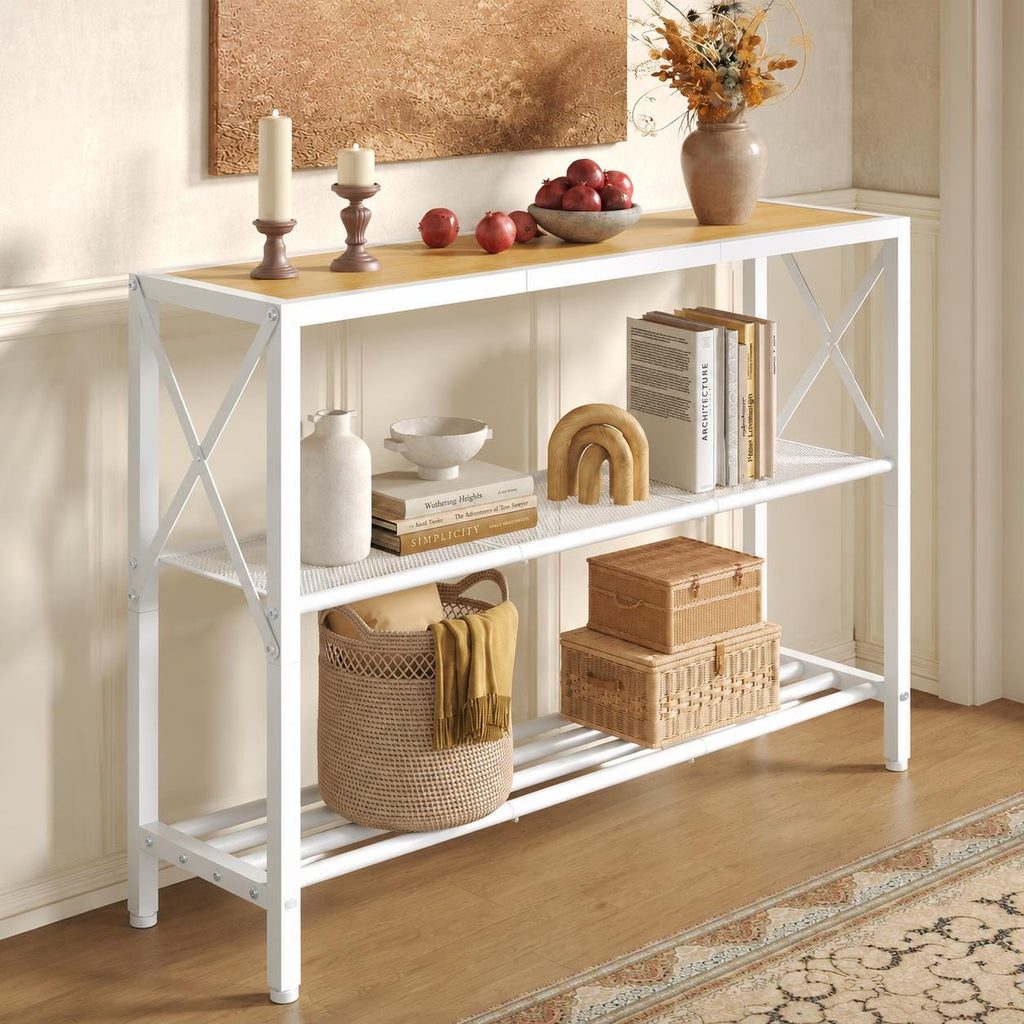 Rustic Gold Console Table with 3-Tier Storage Shelves for Entryway & Living Room