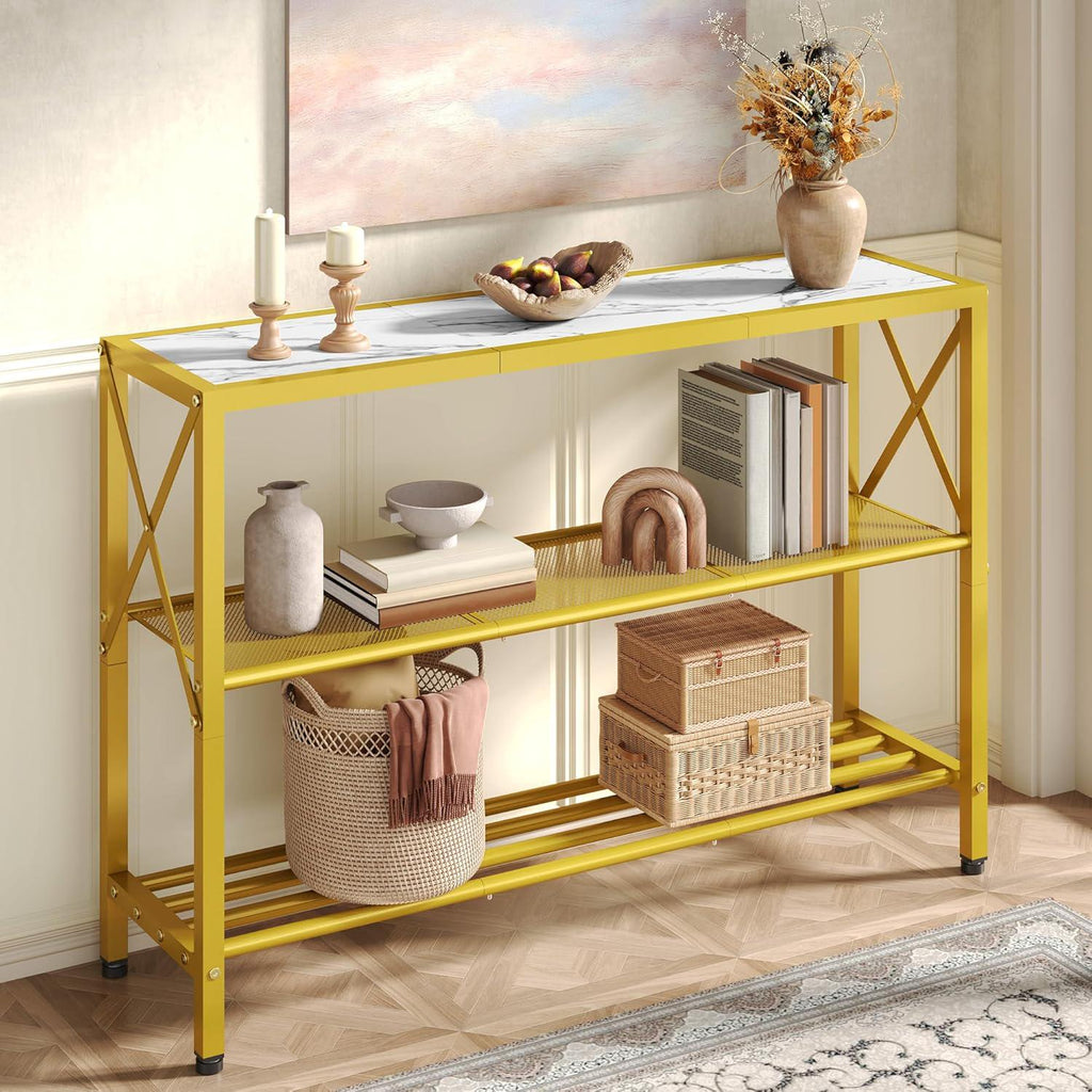 Rustic Gold Console Table with 3-Tier Storage Shelves for Entryway & Living Room