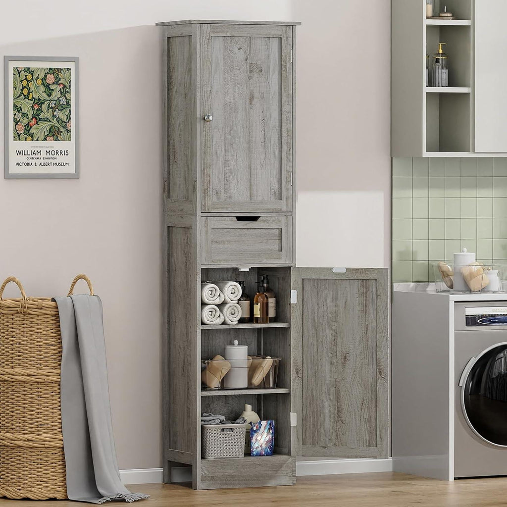Tall Black Storage Cabinet, Narrow Bathroom Kitchen Organizer, Adjustable Shelf Drawer